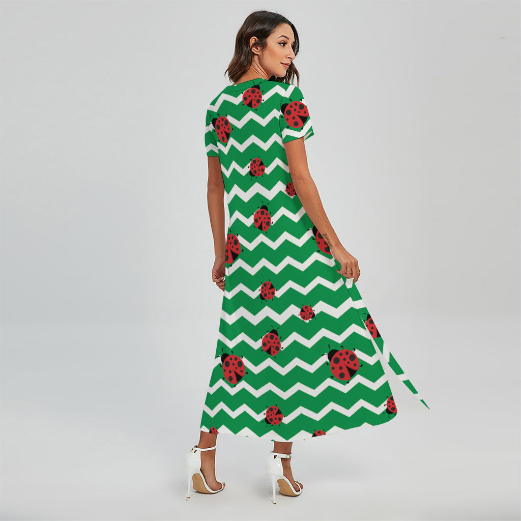 Green Zigzag Ladybird Pattern Print Short Sleeve Maxi Dress