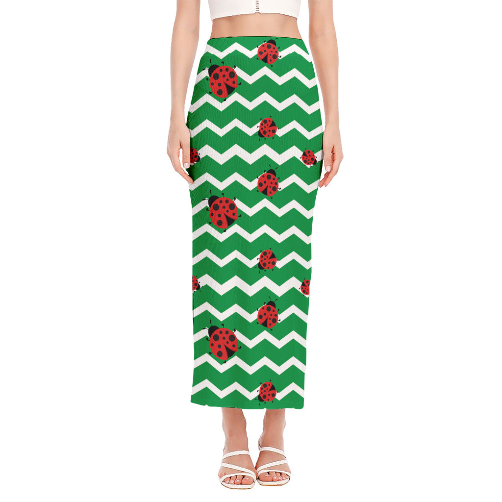 Green Zigzag Ladybird Pattern Print Side Slit Maxi Skirt