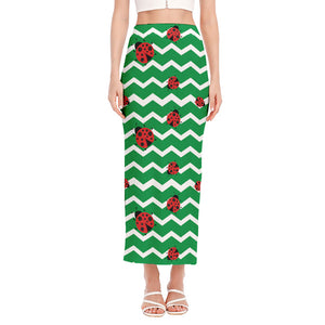 Green Zigzag Ladybird Pattern Print Side Slit Maxi Skirt