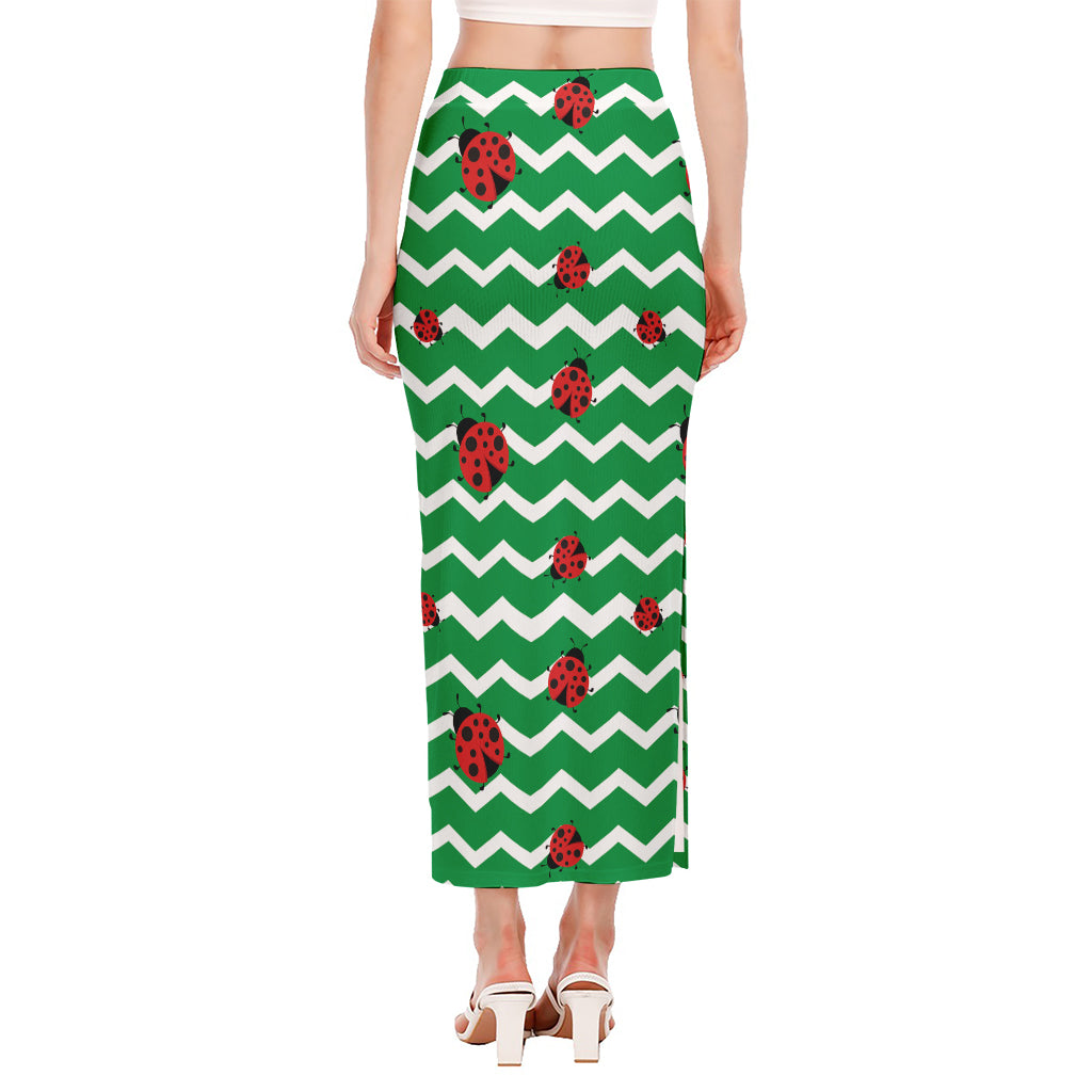 Green Zigzag Ladybird Pattern Print Side Slit Maxi Skirt