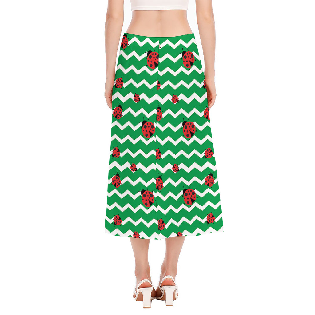 Green Zigzag Ladybird Pattern Print Side Slit Midi Skirt