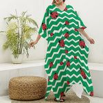 Green Zigzag Ladybird Pattern Print Silk V-Neck Kaftan Dress