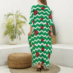 Green Zigzag Ladybird Pattern Print Silk V-Neck Kaftan Dress
