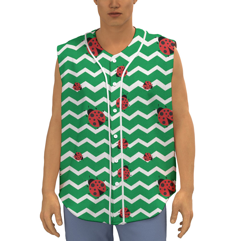 Green Zigzag Ladybird Pattern Print Sleeveless Baseball Jersey