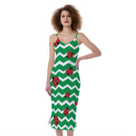 Green Zigzag Ladybird Pattern Print Slim Fit Midi Cami Dress