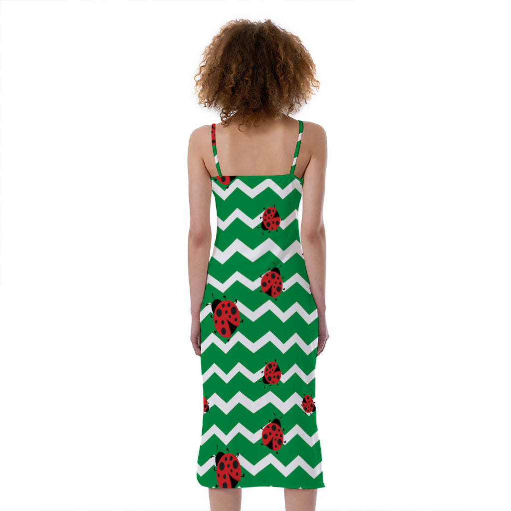 Green Zigzag Ladybird Pattern Print Slim Fit Midi Cami Dress