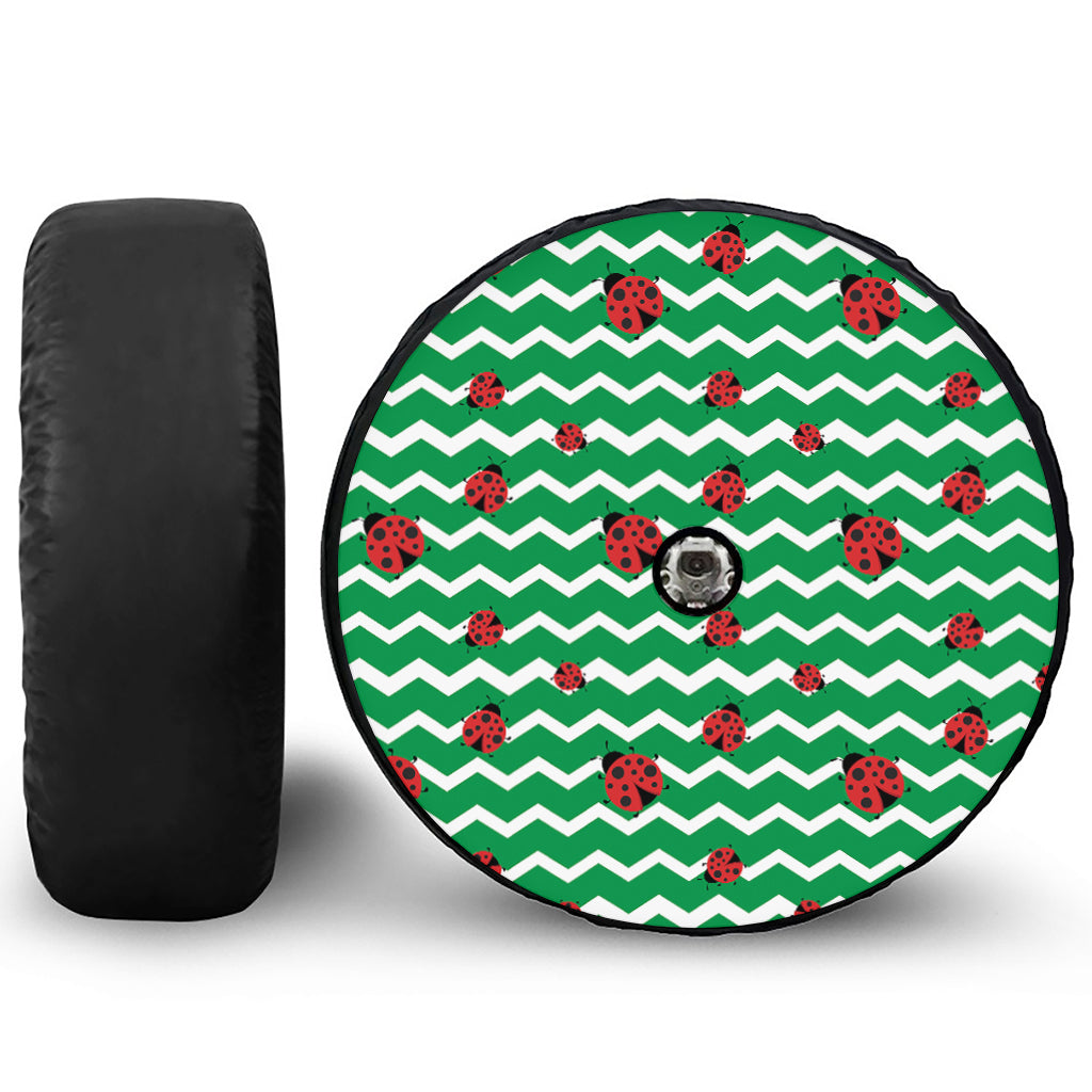 Green Zigzag Ladybird Pattern Print Tire Cover With Camera Hole