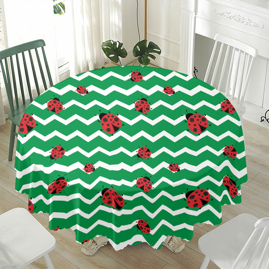 Green Zigzag Ladybird Pattern Print Waterproof Round Tablecloth