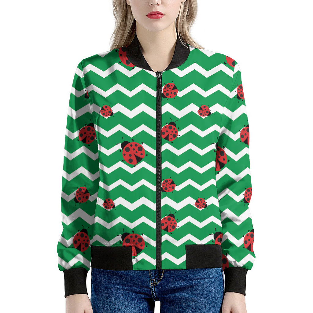 Green Zigzag Ladybird Pattern Print Women's Bomber Jacket