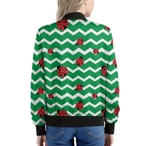 Green Zigzag Ladybird Pattern Print Women's Bomber Jacket