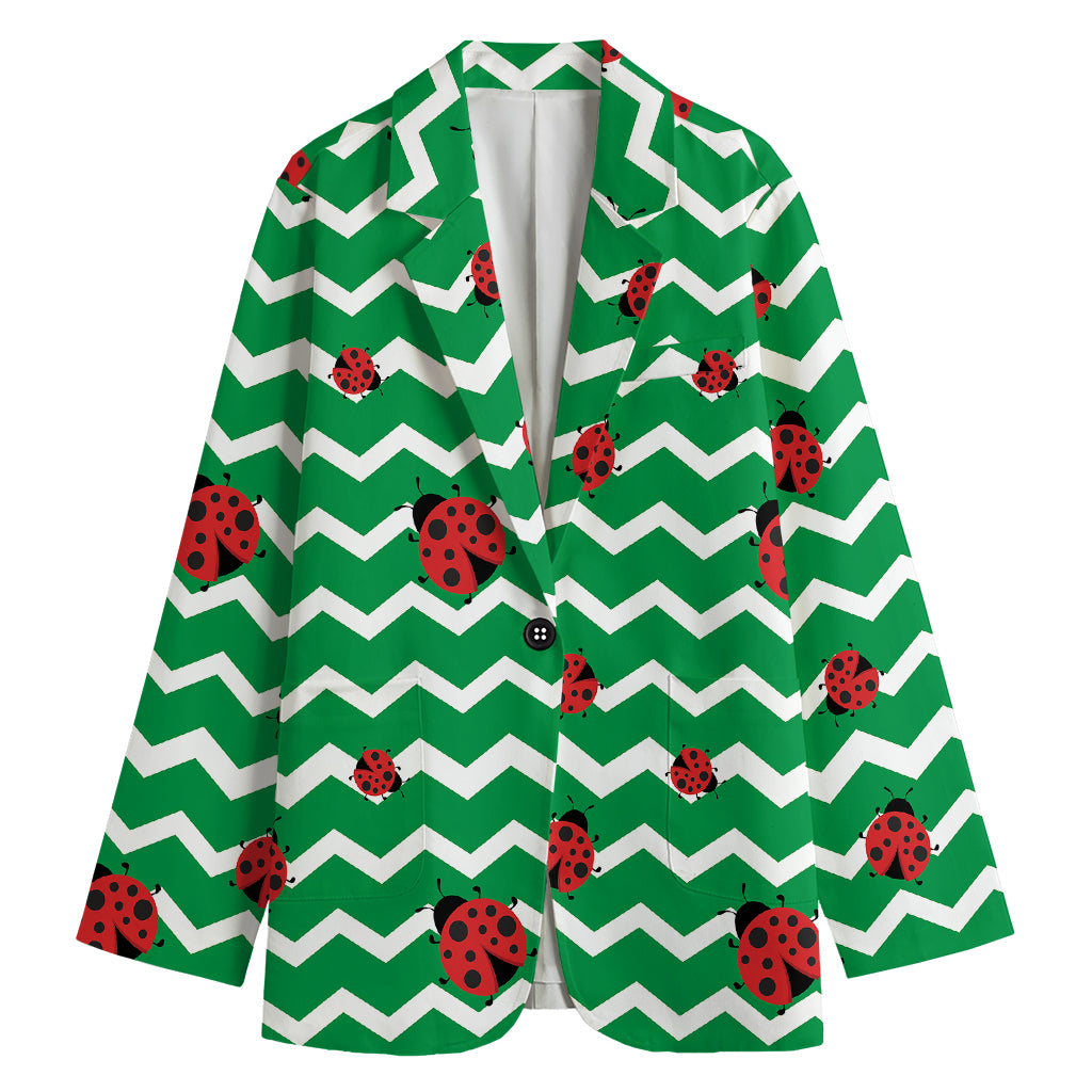 Green Zigzag Ladybird Pattern Print Women's Cotton Blazer