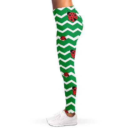 Green Zigzag Ladybird Pattern Print Women's Leggings