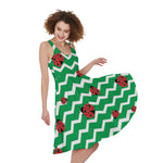 Green Zigzag Ladybird Pattern Print Women's Sleeveless Dress