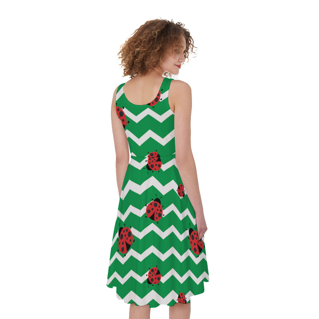 Green Zigzag Ladybird Pattern Print Women's Sleeveless Dress