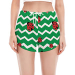 Green Zigzag Ladybird Pattern Print Women's Split Running Shorts