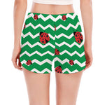 Green Zigzag Ladybird Pattern Print Women's Split Running Shorts