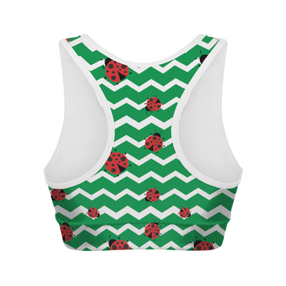 Green Zigzag Ladybird Pattern Print Women's Sports Bra