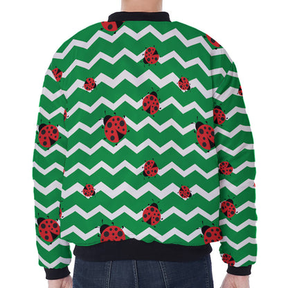 Green Zigzag Ladybird Pattern Print Zip Sleeve Bomber Jacket