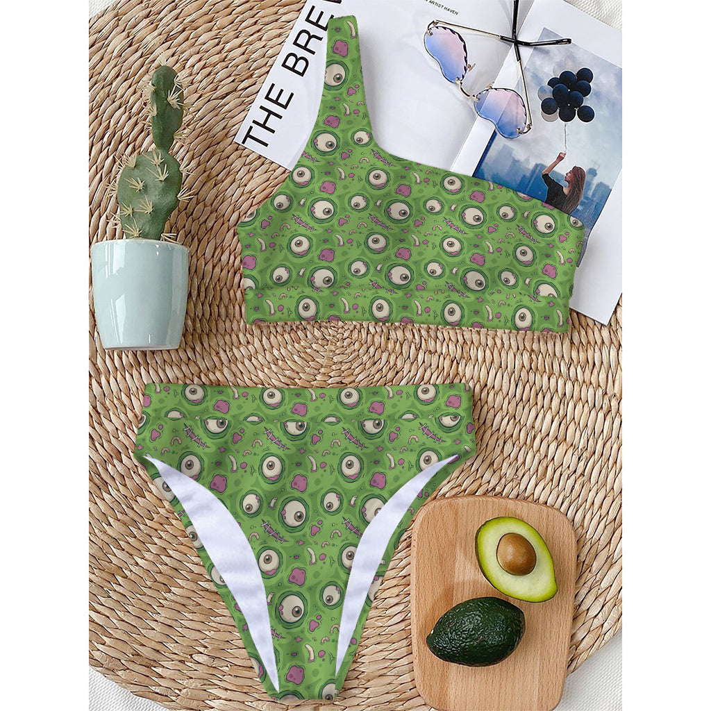 Green Zombie Pattern Print One Shoulder Bikini Top