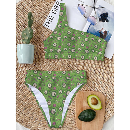 Green Zombie Pattern Print One Shoulder Bikini Top