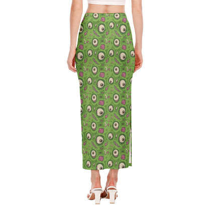 Green Zombie Pattern Print Side Slit Maxi Skirt