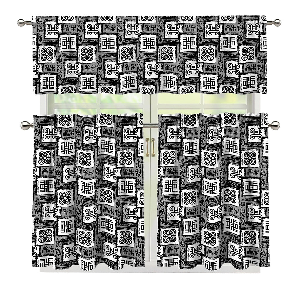 Grey African Adinkra Symbols Print 3 Piece Kitchen Curtains