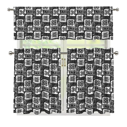 Grey African Adinkra Symbols Print 3 Piece Kitchen Curtains