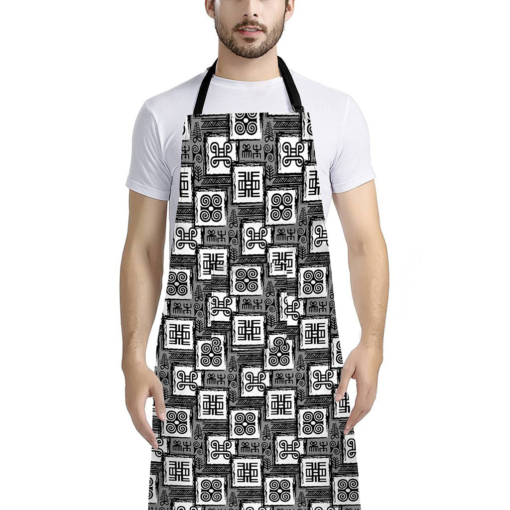 Grey African Adinkra Symbols Print Bib Apron With Pocket
