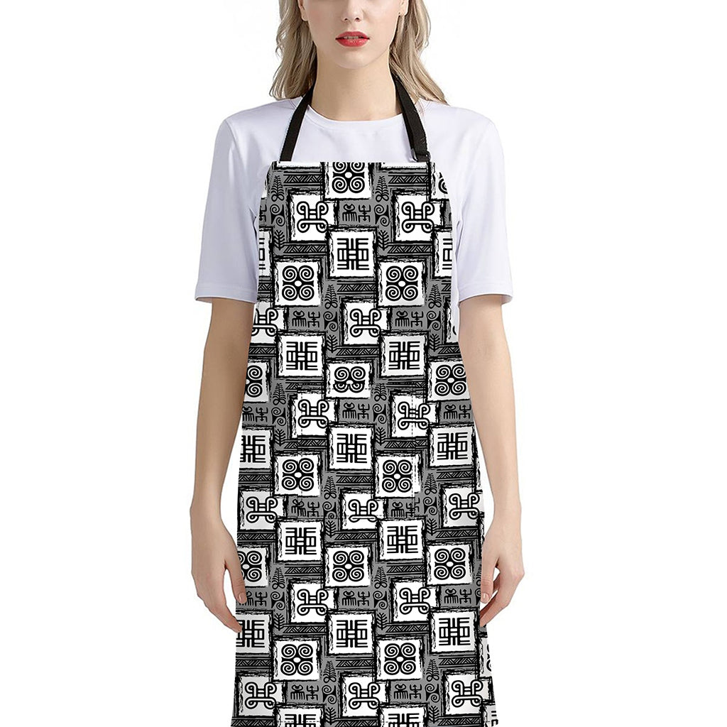 Grey African Adinkra Symbols Print Bib Apron With Pocket