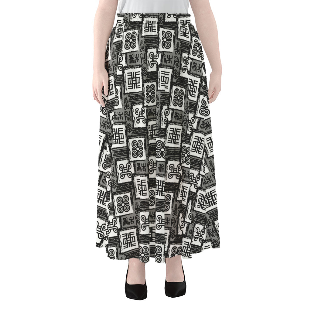 Grey African Adinkra Symbols Print Chiffon Maxi Skirt