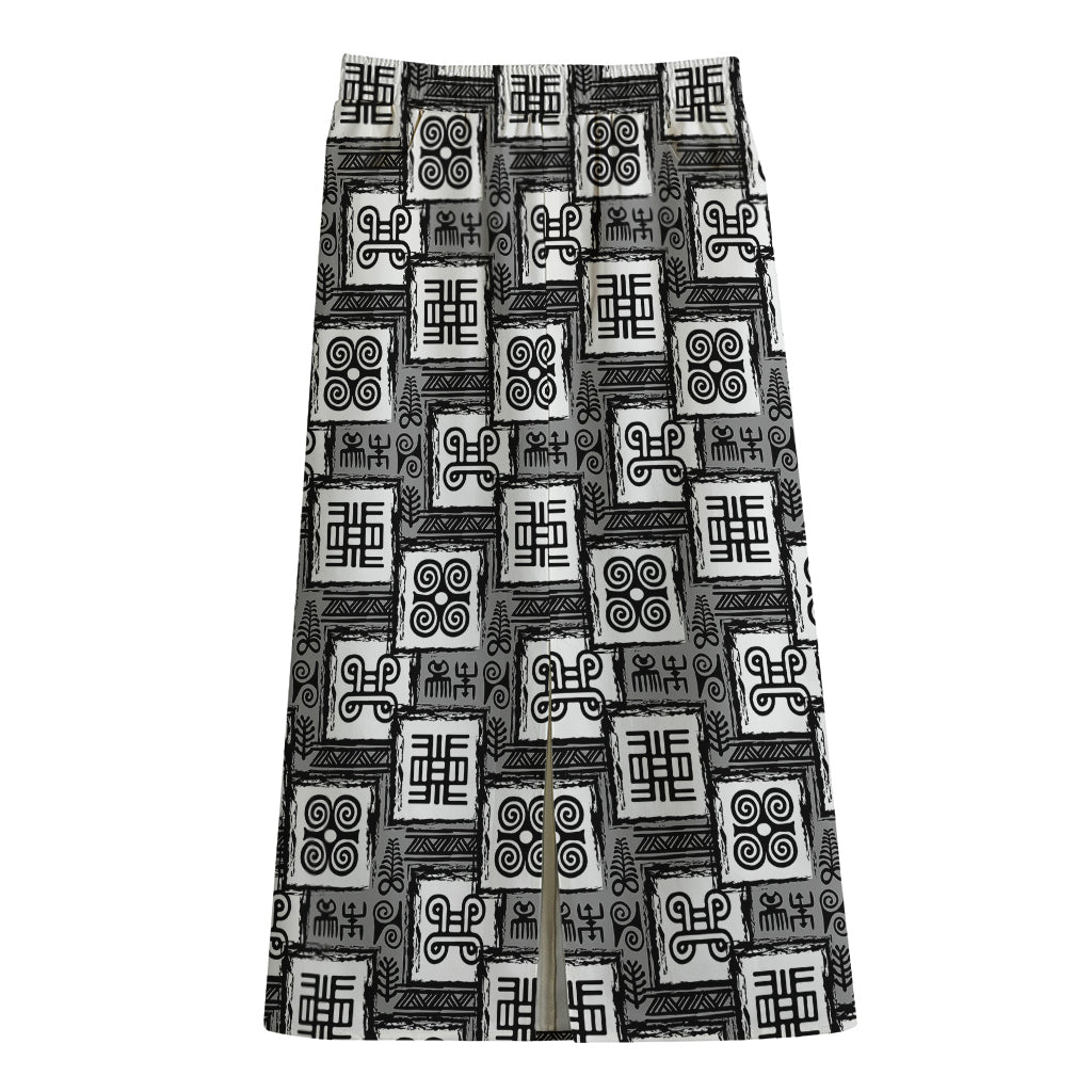 Grey African Adinkra Symbols Print Cotton Front Slit Maxi Skirt