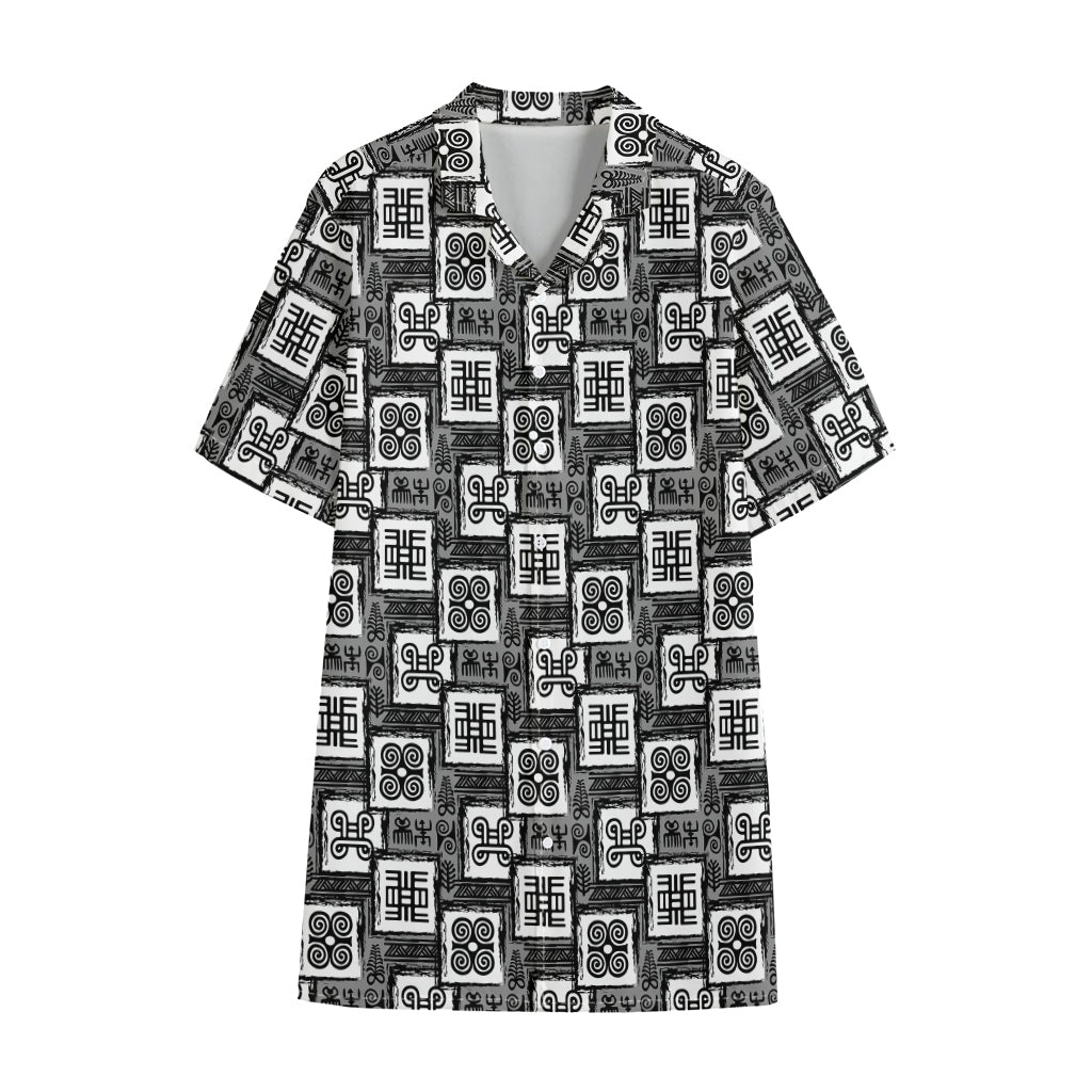 Grey African Adinkra Symbols Print Cotton Hawaiian Shirt