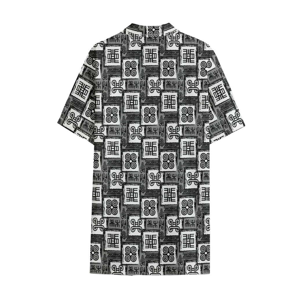 Grey African Adinkra Symbols Print Cotton Hawaiian Shirt