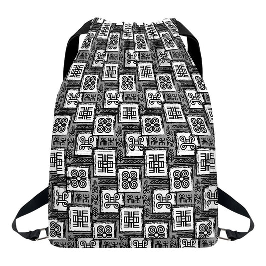 Grey African Adinkra Symbols Print Drawstring Backpack