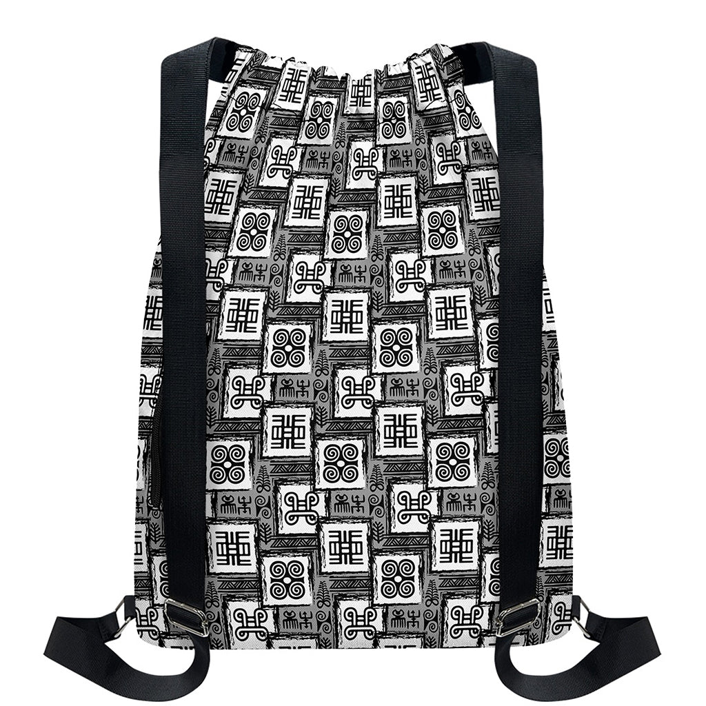 Grey African Adinkra Symbols Print Drawstring Backpack