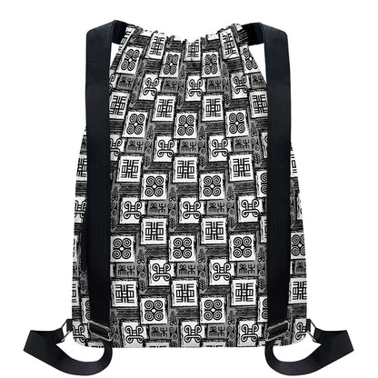 Grey African Adinkra Symbols Print Drawstring Backpack