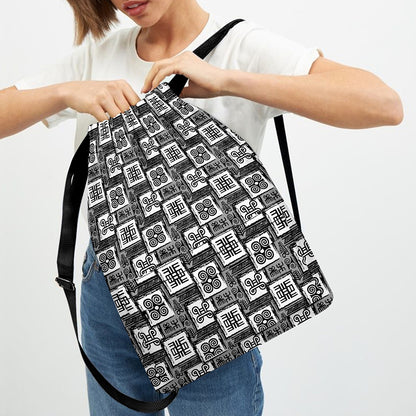 Grey African Adinkra Symbols Print Drawstring Backpack