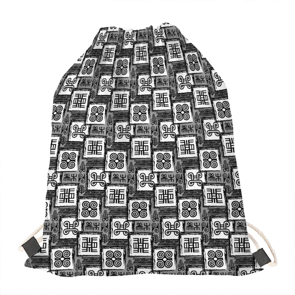 Grey African Adinkra Symbols Print Drawstring Bag