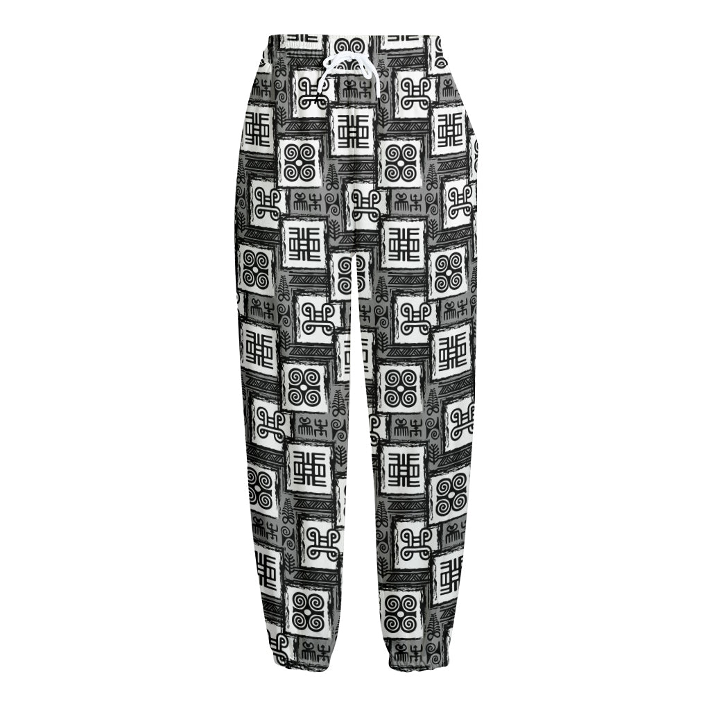 Grey African Adinkra Symbols Print Fleece Lined Knit Pants