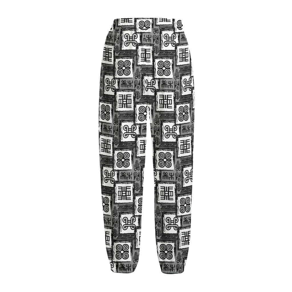 Grey African Adinkra Symbols Print Fleece Lined Knit Pants