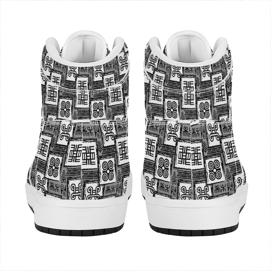 Grey African Adinkra Symbols Print High Top Leather Sneakers