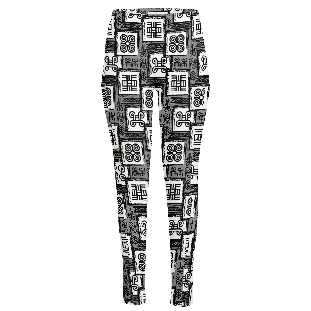 Grey African Adinkra Symbols Print High-Waisted Pocket Leggings