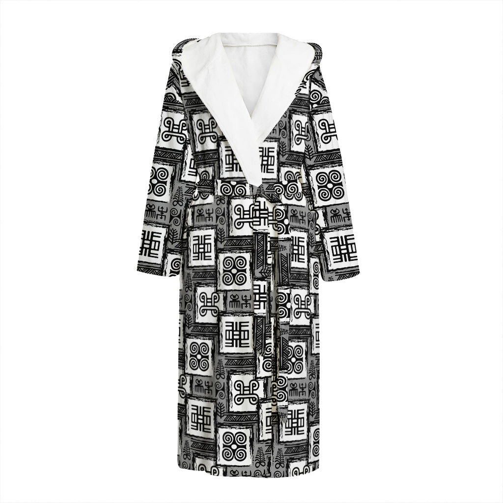 Grey African Adinkra Symbols Print Hooded Bathrobe