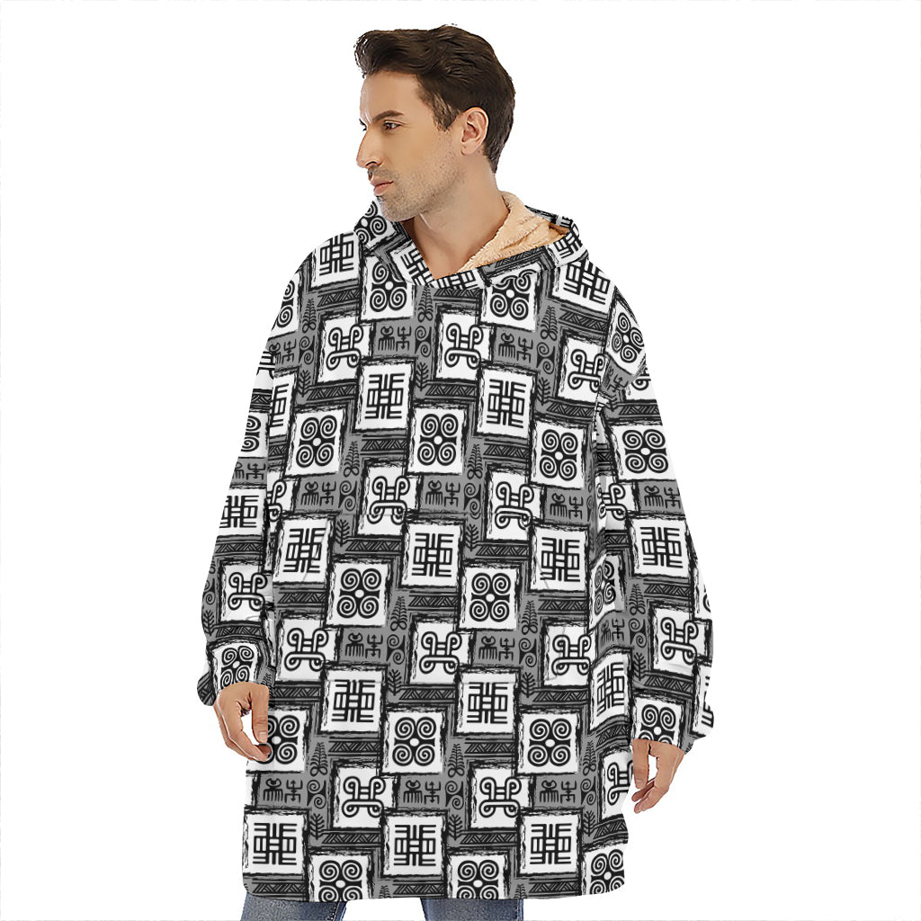 Grey African Adinkra Symbols Print Hoodie Blanket