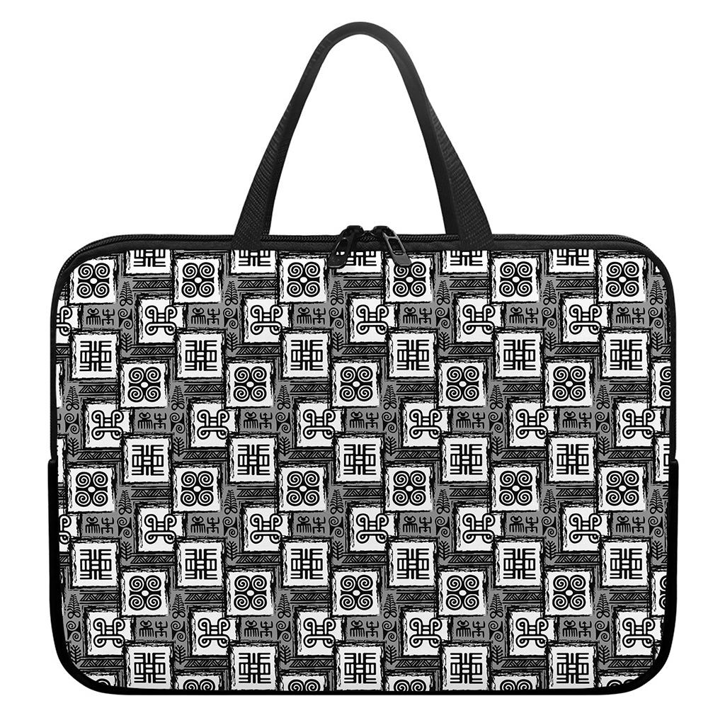 Grey African Adinkra Symbols Print Laptop Sleeve With Handle