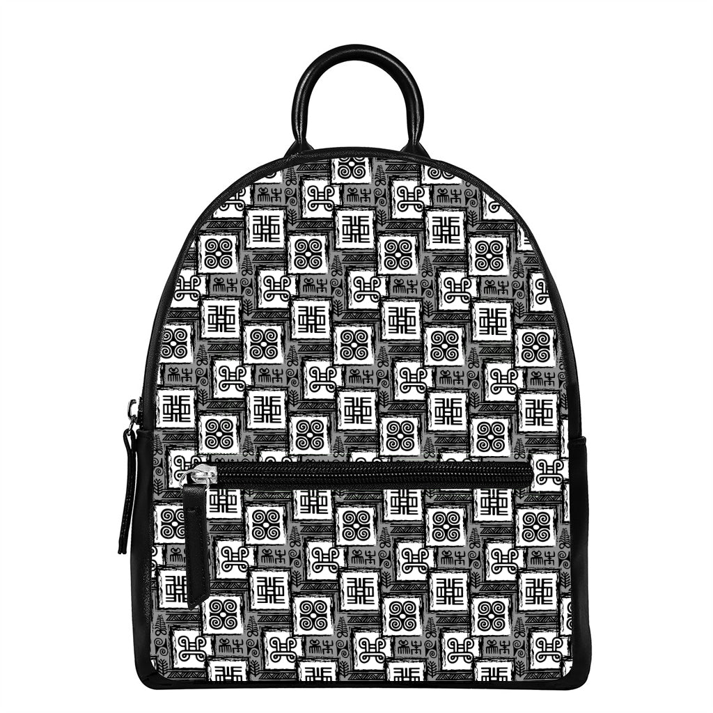 Grey African Adinkra Symbols Print Leather Backpack