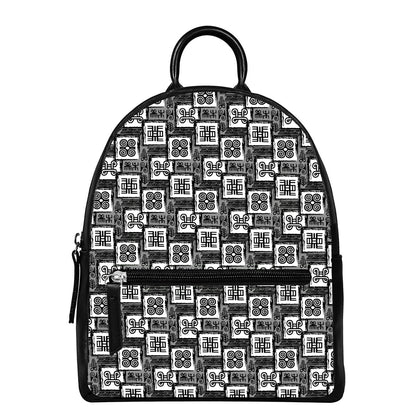 Grey African Adinkra Symbols Print Leather Backpack