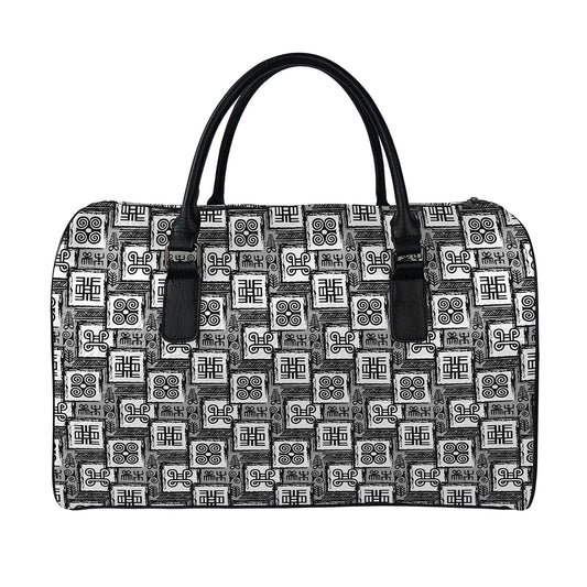 Grey African Adinkra Symbols Print Leather Duffle Bag