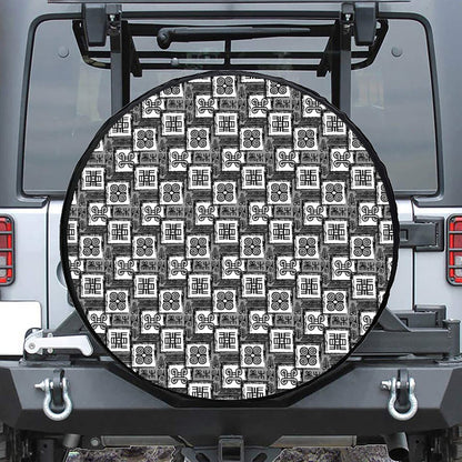 Grey African Adinkra Symbols Print Leather Spare Tire Cover