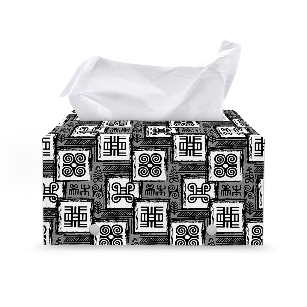 Grey African Adinkra Symbols Print Leather Tissue Box Cover